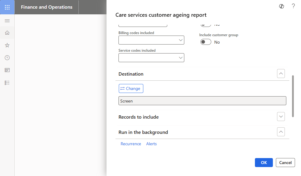 Care services customer ageing report parameters