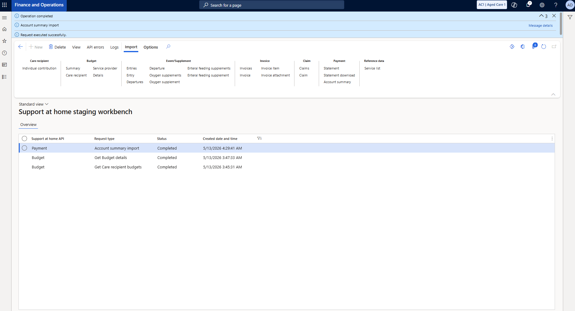 Staging workbench — three completed imports
