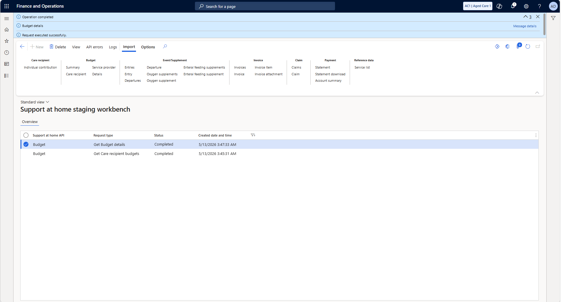 Staging workbench — two completed budget imports
