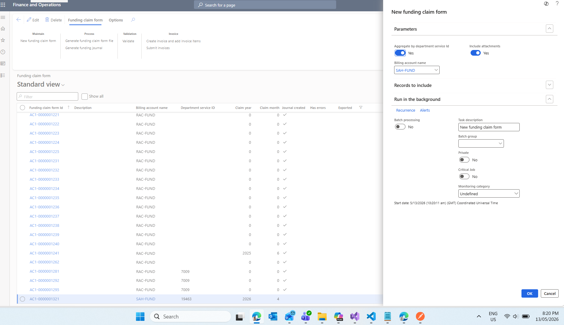 New funding claim form dialog with form list