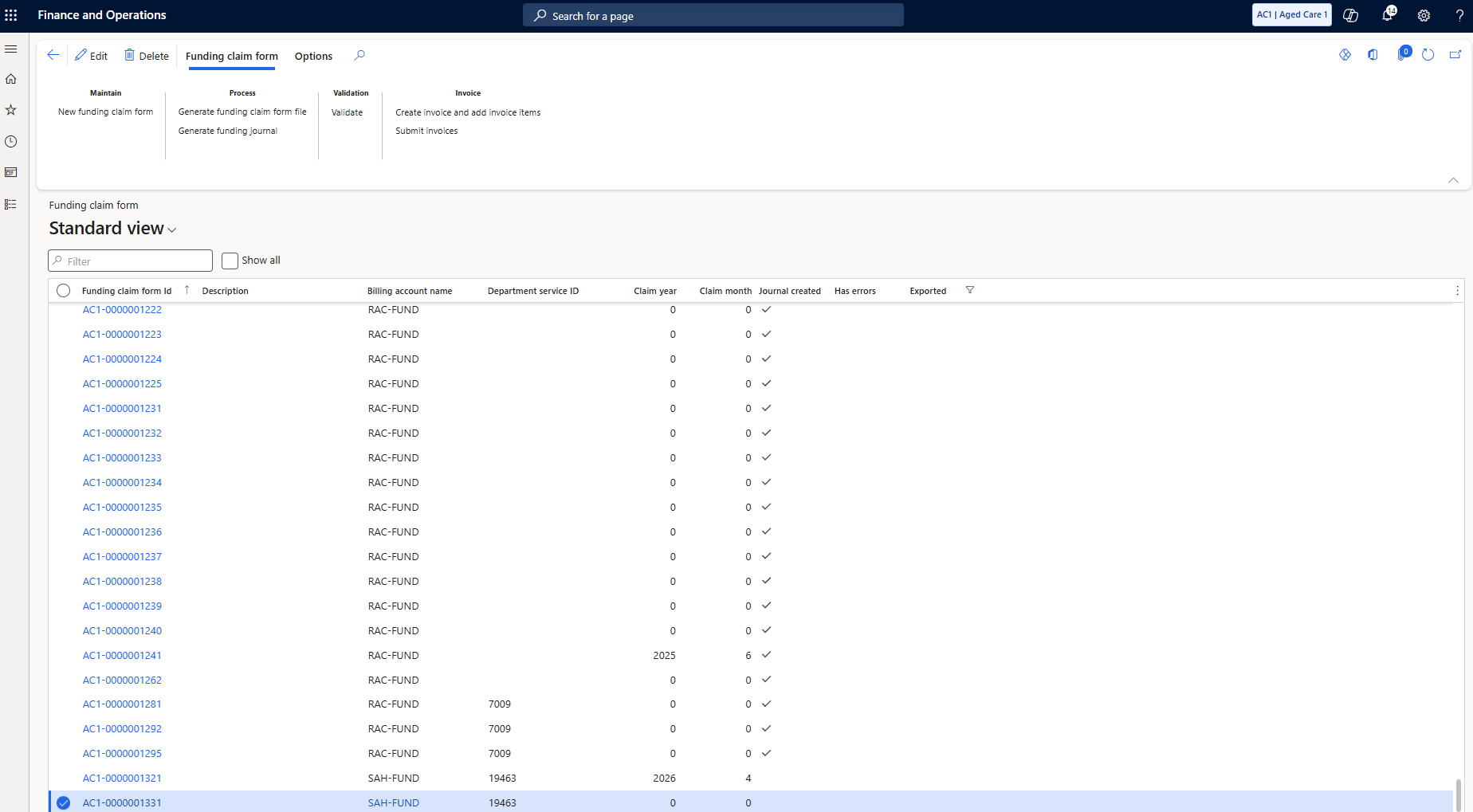 Funding claim form record with line data