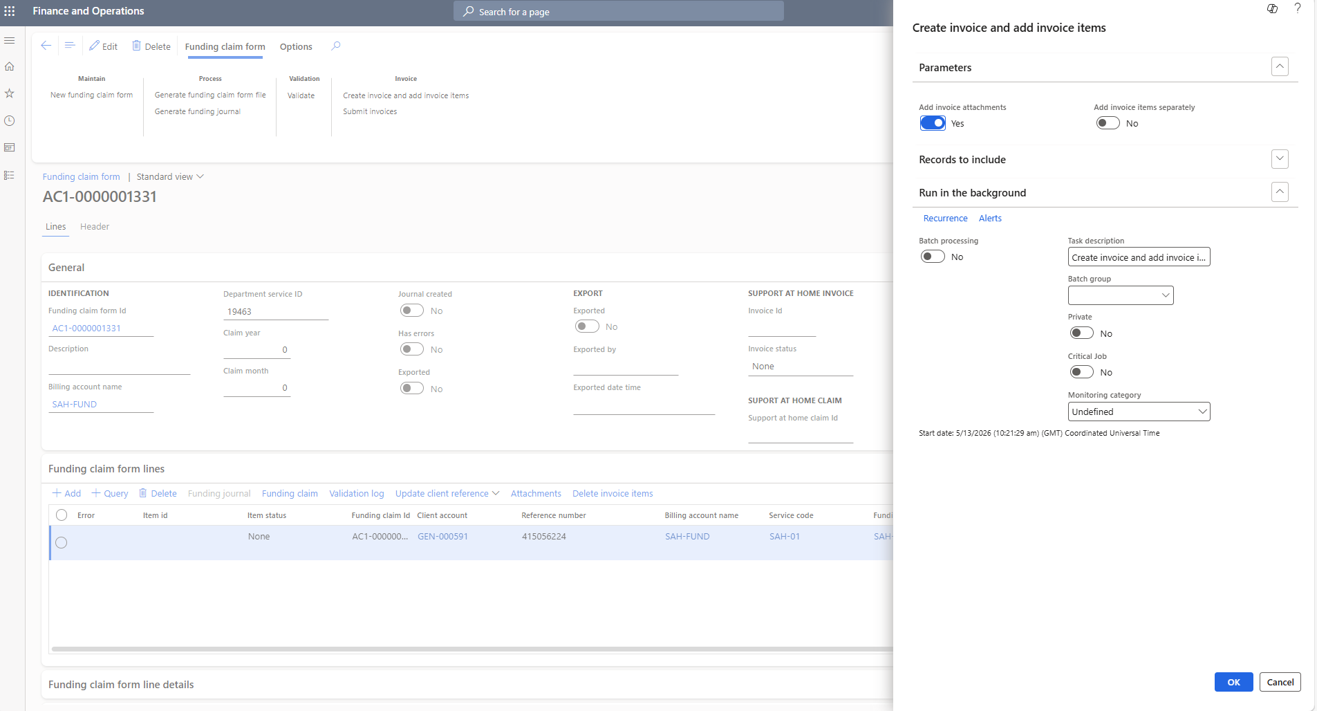 Create invoice and add invoice items dialog