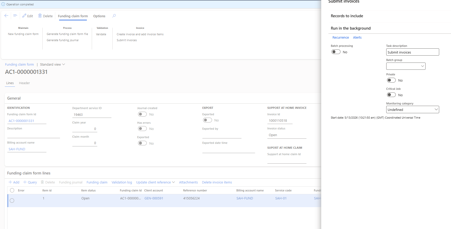 Submit invoices dialog — operation completed