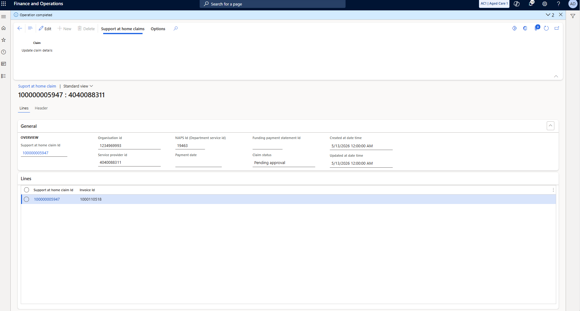 Claim status Pending approval — operation completed