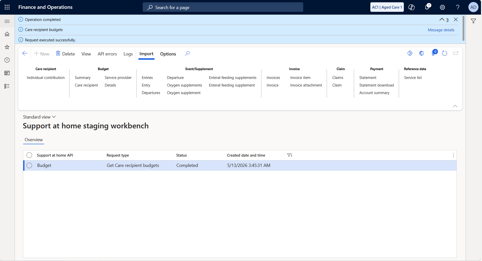 Staging workbench — care recipient budget import completed