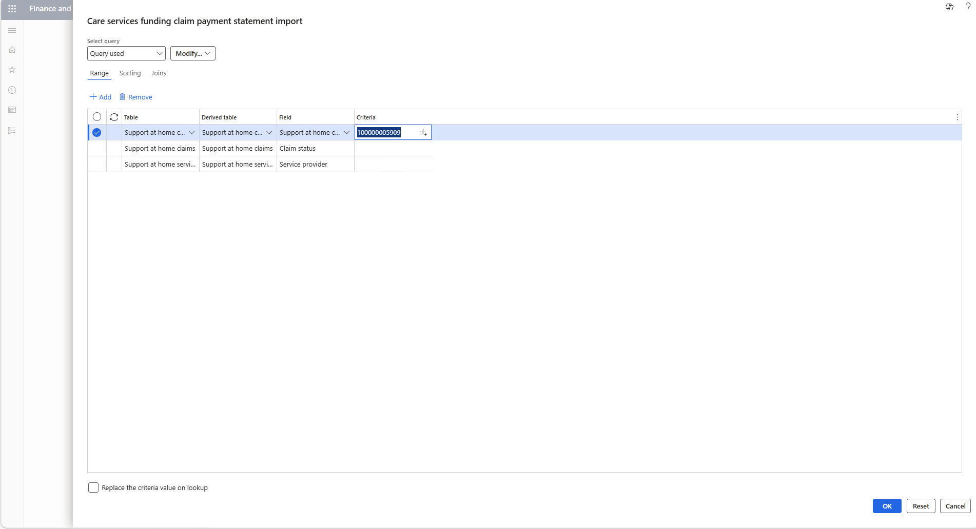 Query filter set to claim 100000005909