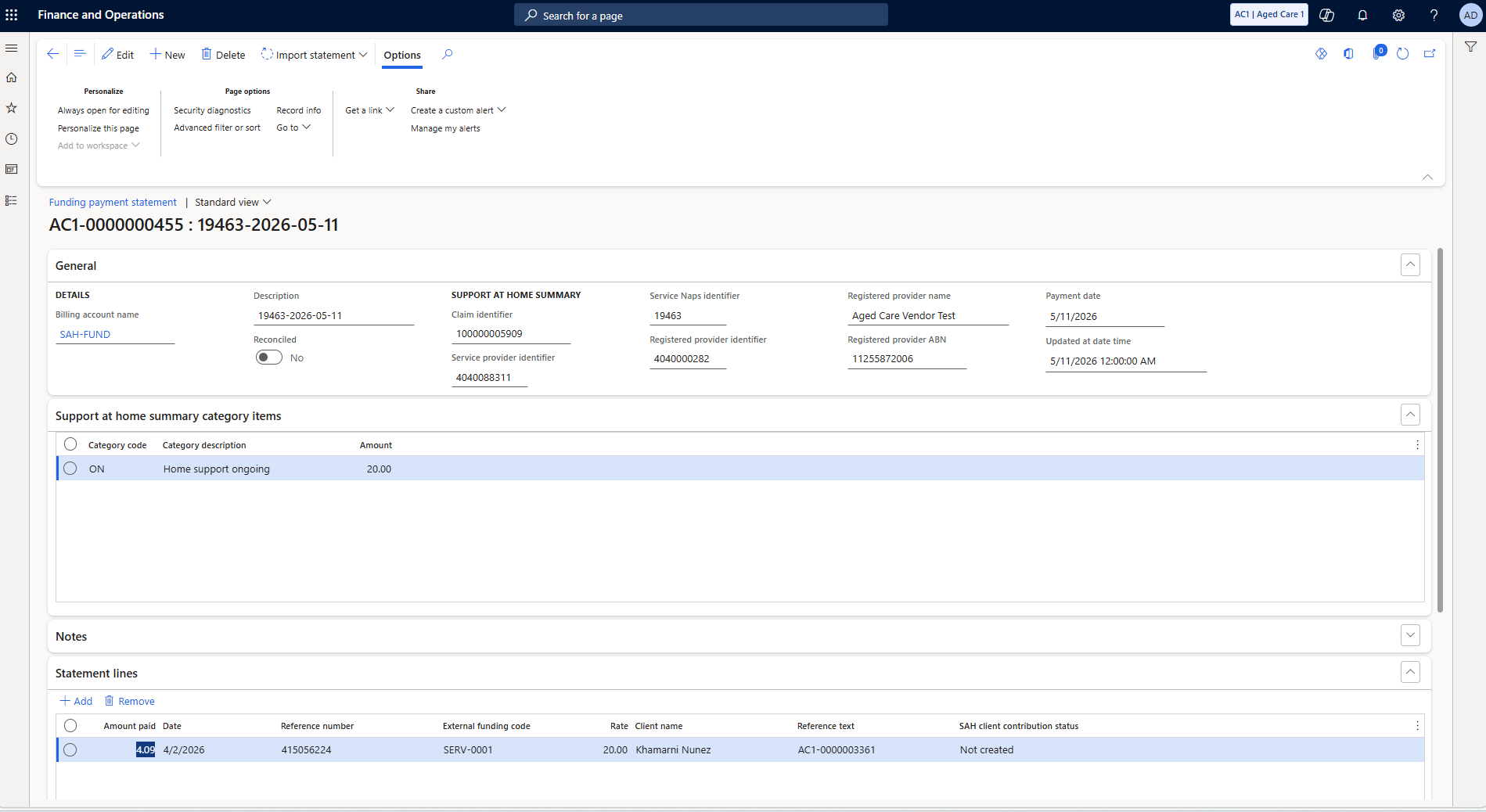 Payment statement detail with statement line