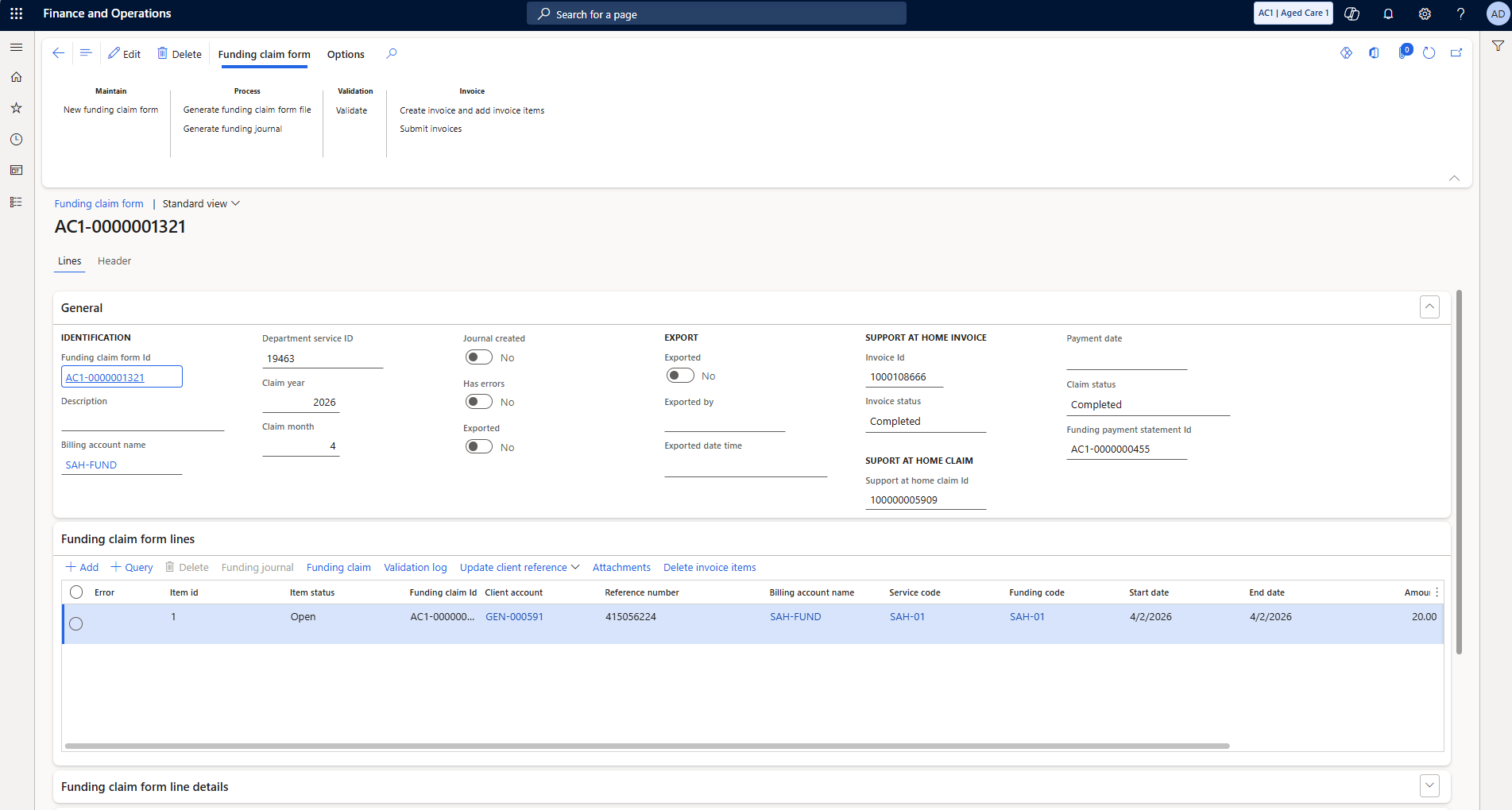 Funding claim form showing completed status and payment statement ID