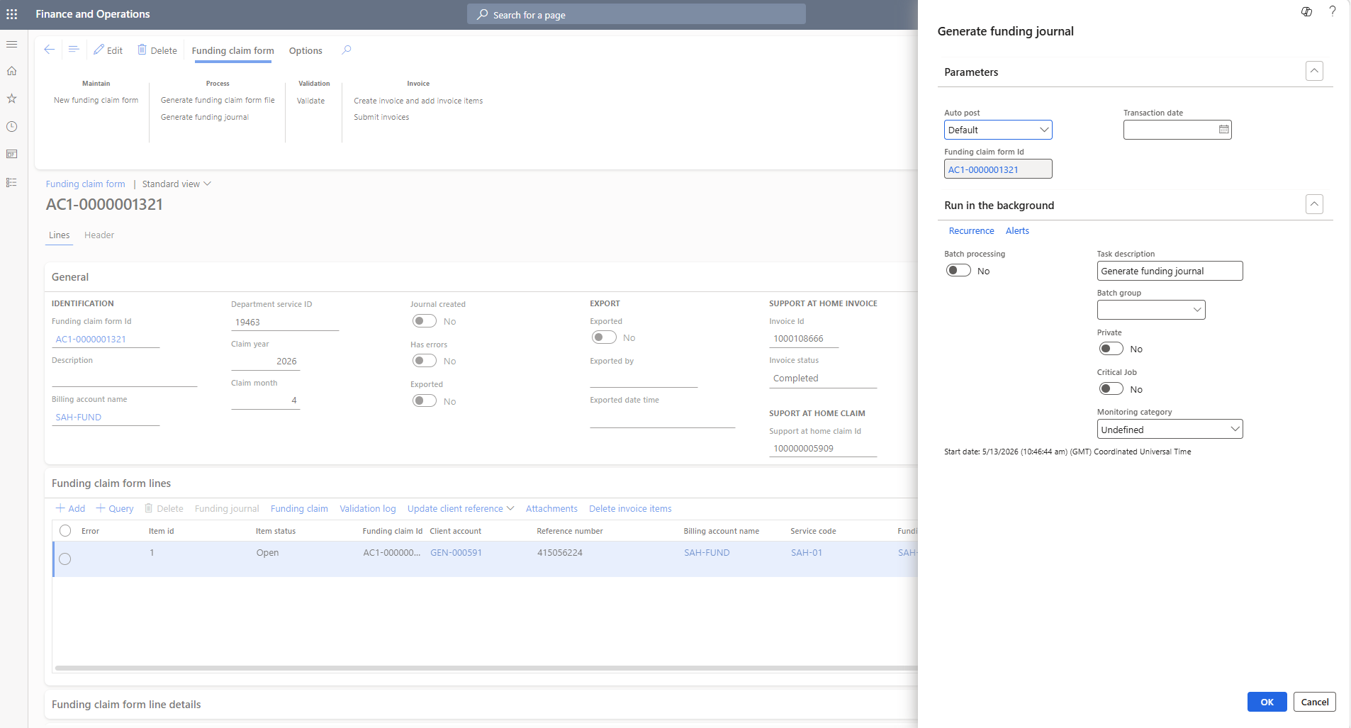 Generate funding journal dialog