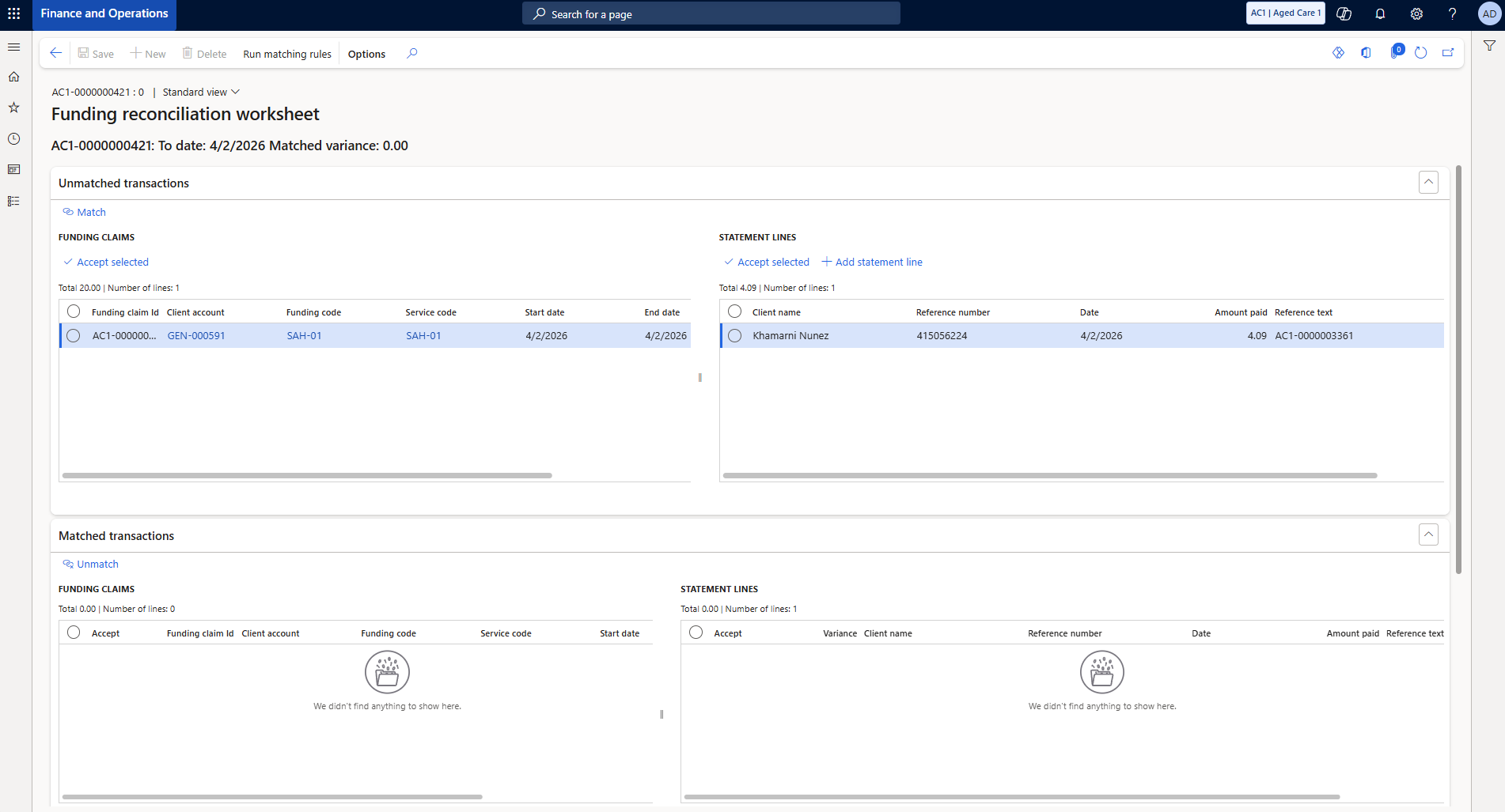 Reconciliation worksheet — unmatched transactions pre-populated