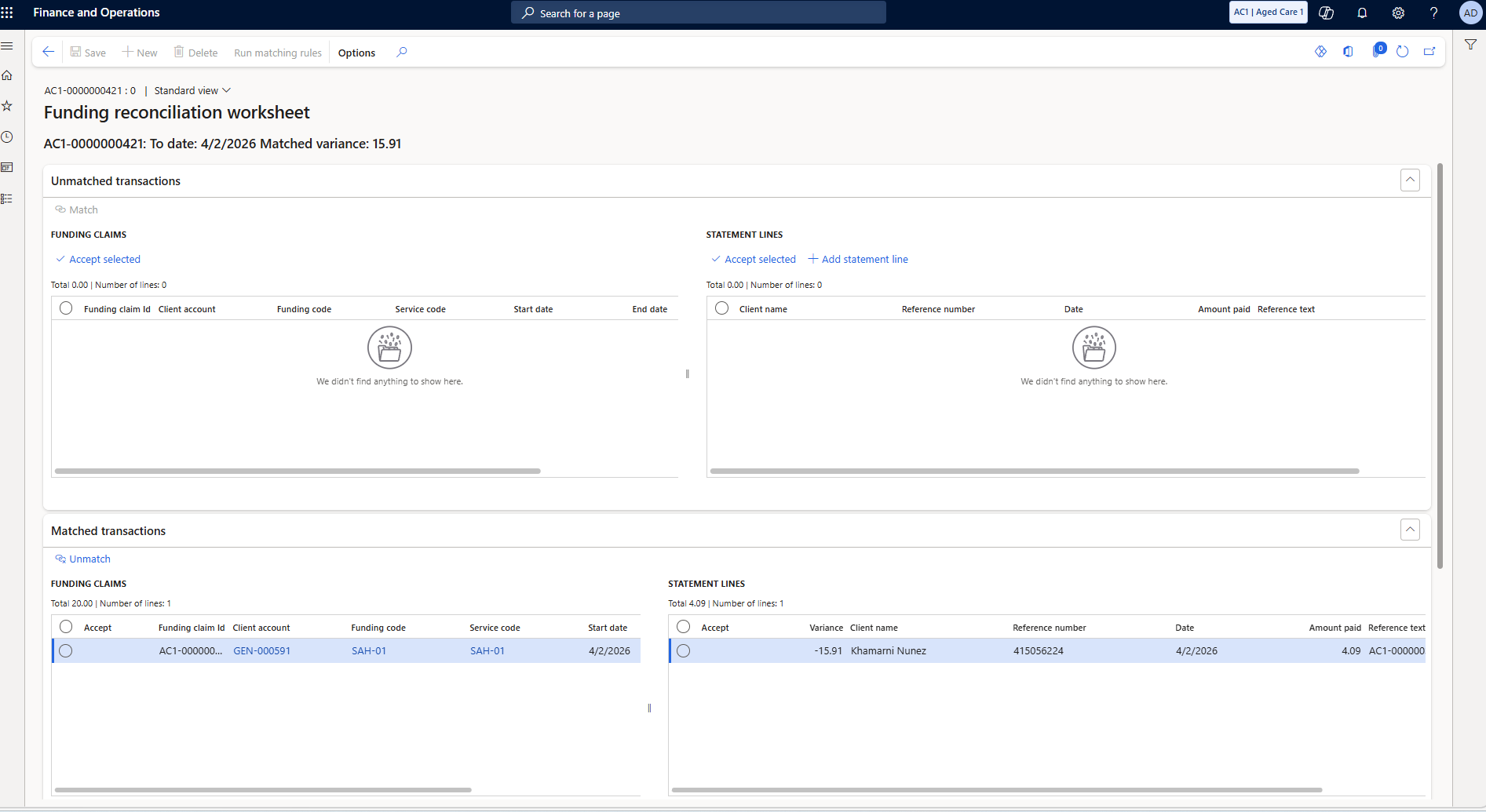 Reconciliation worksheet — matched transactions confirmed