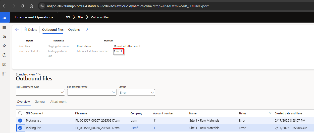 Outbound files - Cancel